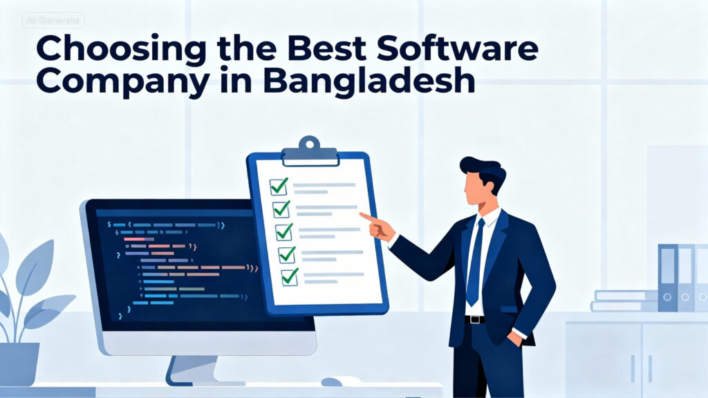 Illustration of choosing the best software company in Bangladesh with software development and IT icons.